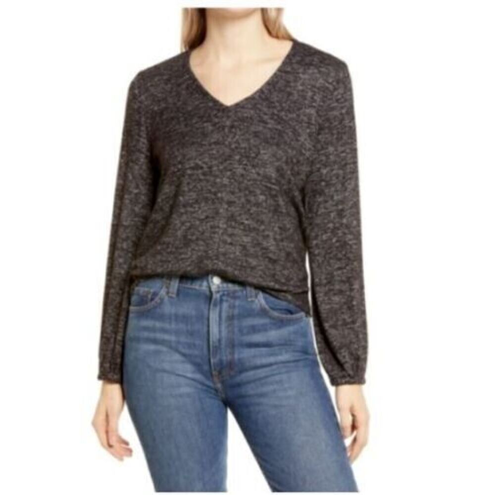 Bobeau Women's Marled V-Neck Cozy‎ Top In Raven Black Mix Small MSRP $49